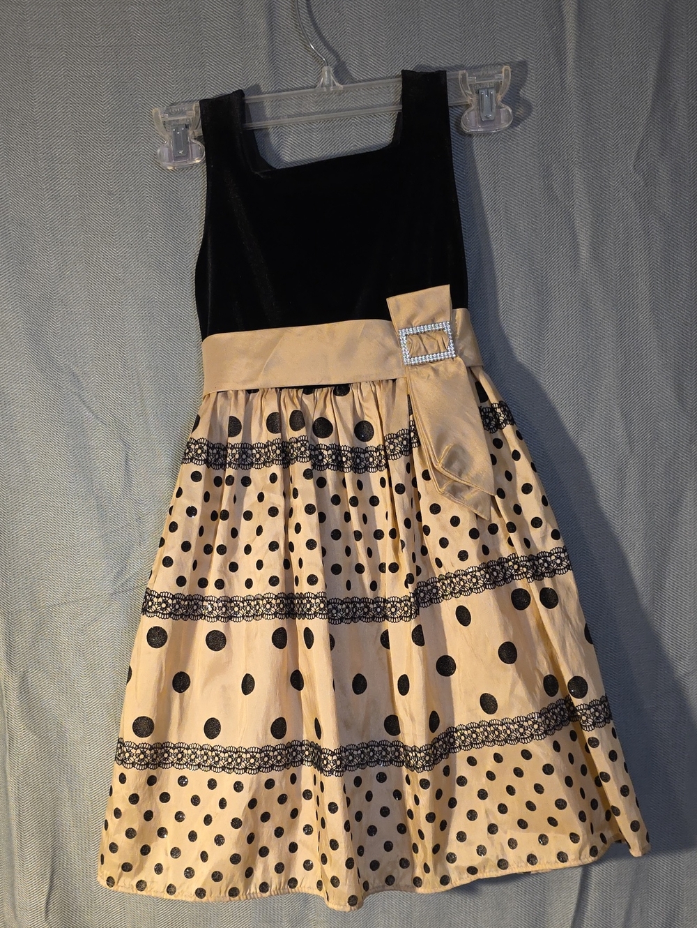 The Children's Place Black Velvet & Cream Polka Dot Dress with Sash